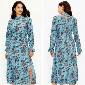 New LOFT Bouquet Mock Neck Midi Dress Blue Floral Print Long Sleeve Viscose Wome